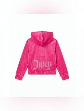 Y2K Juicy Couture Kids Hot Pink Velour Hoodie with Rhinestone 'Juicy' Logo